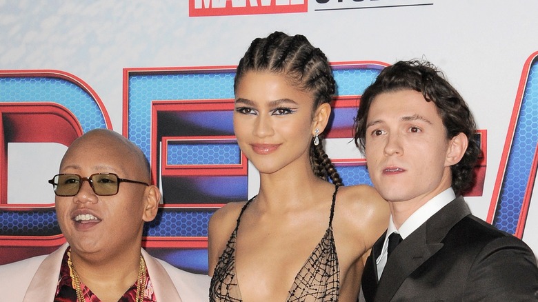 Jacob Batalon, Zendaya, and Tom Holland posing