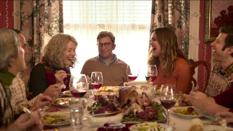 The Parker family eating and laughing