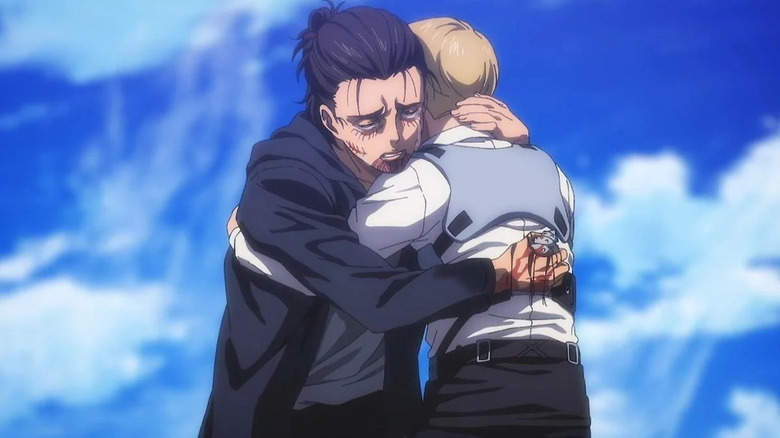 Eren crying, hugging Armin