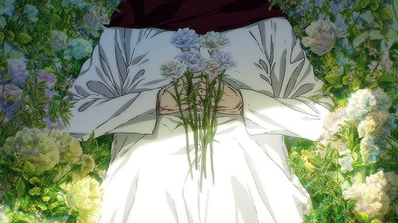 Mikasa's corpse with scarf, flowers