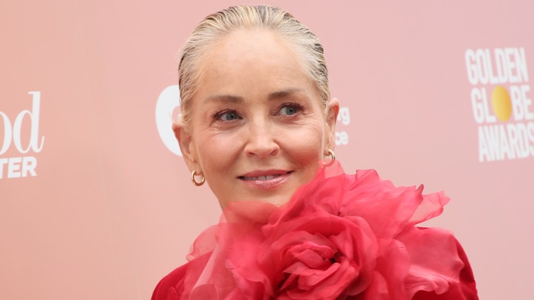 Sharon Stone in red flower dress