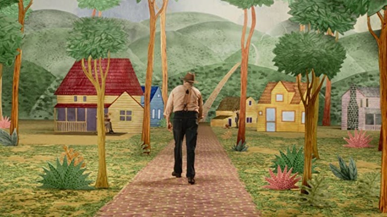 Beau walking down animated road