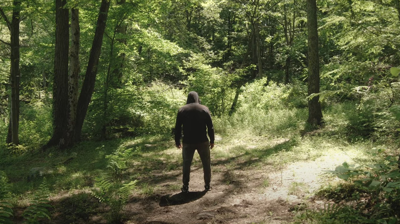 Hooded figure stands in woods