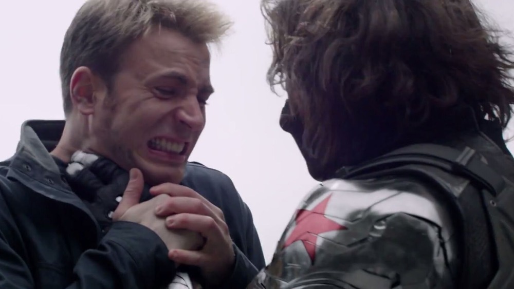 Bucky Barnes grabs Captain America by the throat