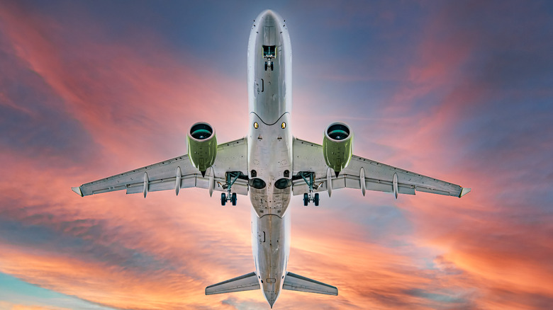 Airplane against sunset sky