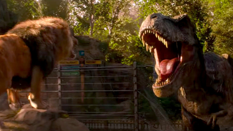 T-rex roars at lion