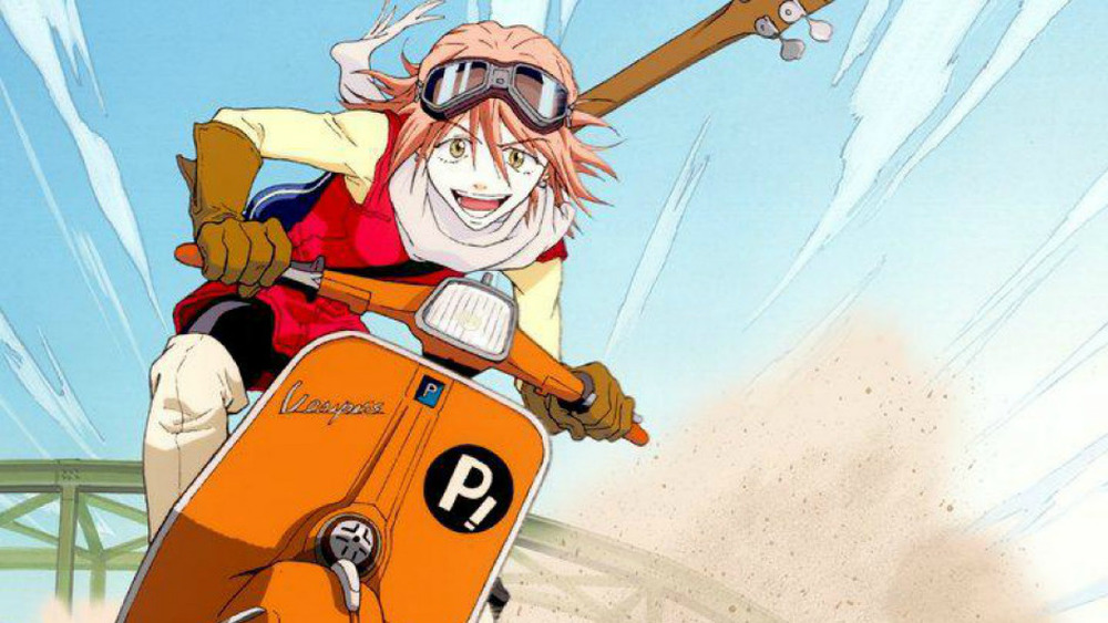 Haruko riding her vespa with her blue guitar