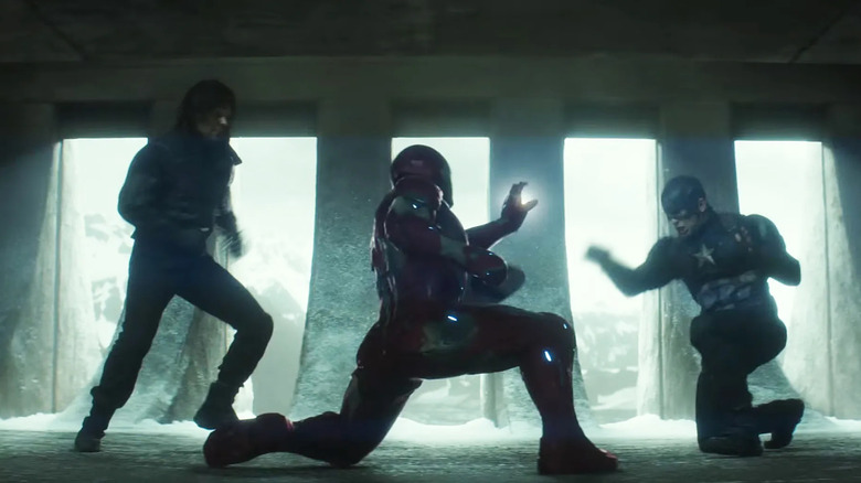 Iron Man, Captain America, and Bucky fight