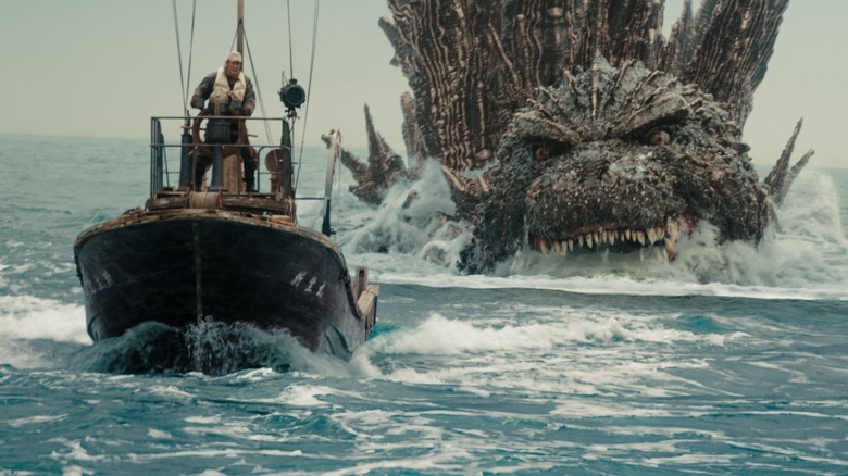 Godzilla chases a boat