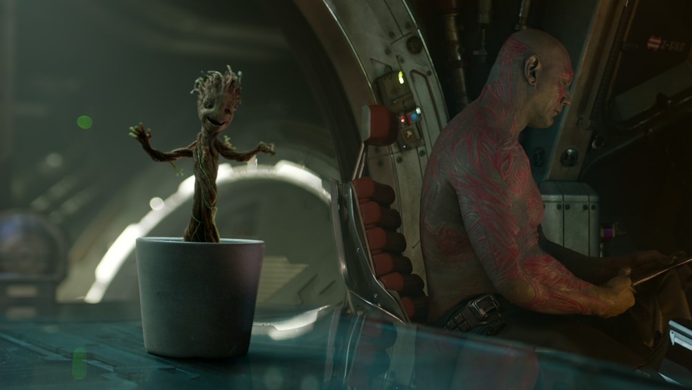 Groot dancing in front of Drax