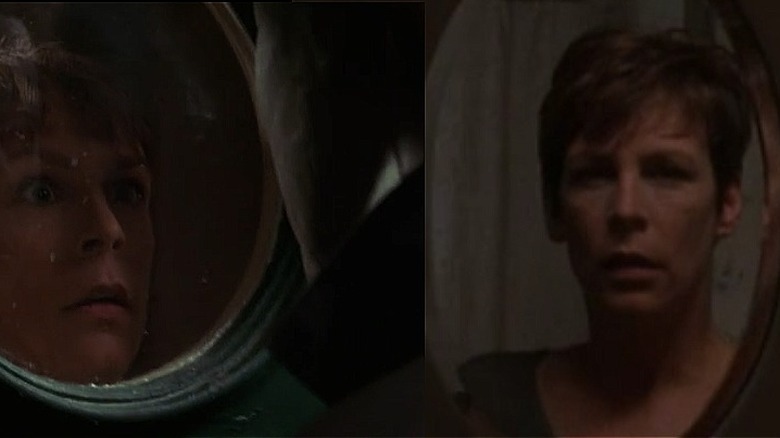 Jamie Lee Curtis/Laurie Strode looking in mirror and at Michael Myers