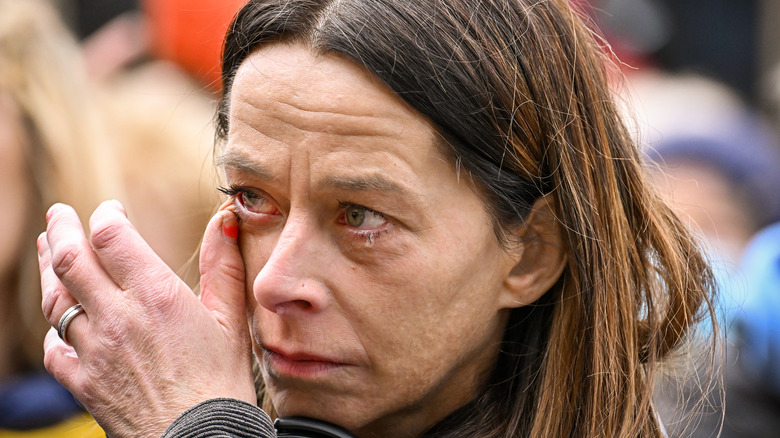 Kate Dickie wipes away a tear