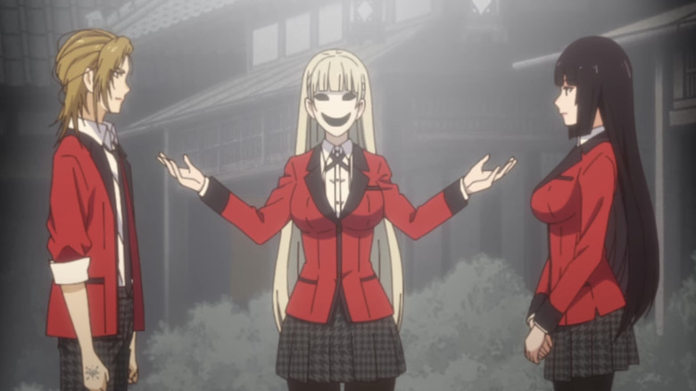 Ririka, Yumeko, and Rei coin toss Kakegurui