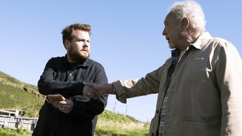 James Corden and Tom Jones shake hands