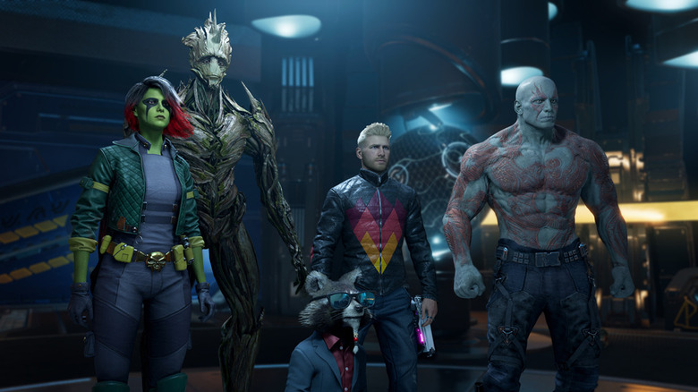 Gamora, Groot, Rocket, Starlod Peter Quill, and Drax the Destroyer in Marvel's Guardians of the Galaxy