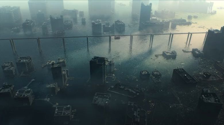 Futuristic city flooded with water