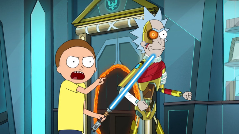 Morty standing with Robot Rick