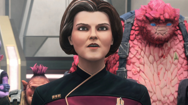 Janeway in front of the Protostar crew