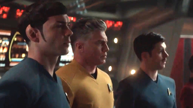 Spock, Pike, Sam look at viewscreen