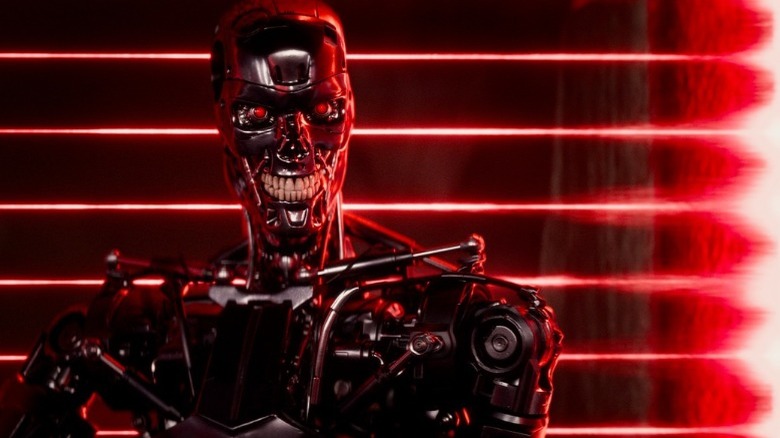 A smiling Terminator exoskeleton with no skin