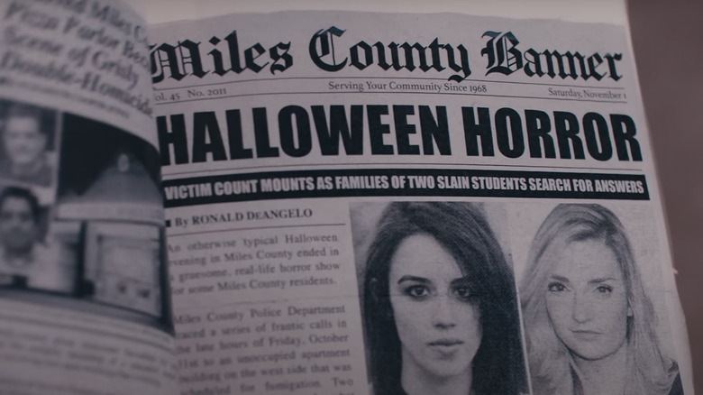 A newspaper clipping with the headline "Halloween Horror" bears photos of two young women