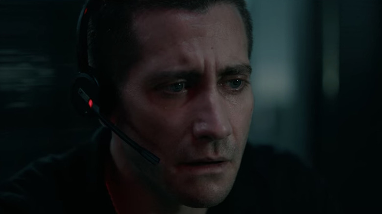 Jake Gyllenhaal looking upset in The Guilty
