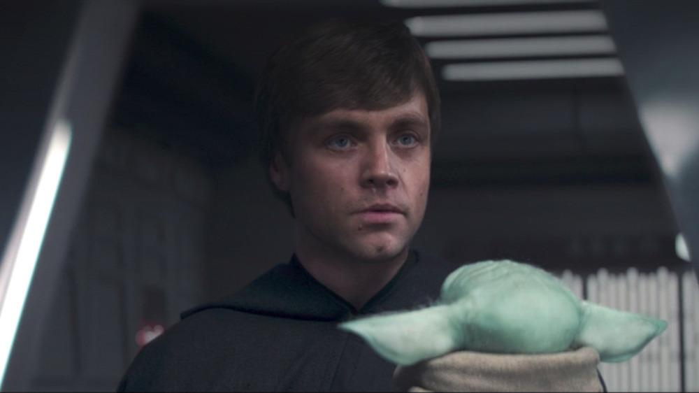 Luke Skywalker holding Grogu