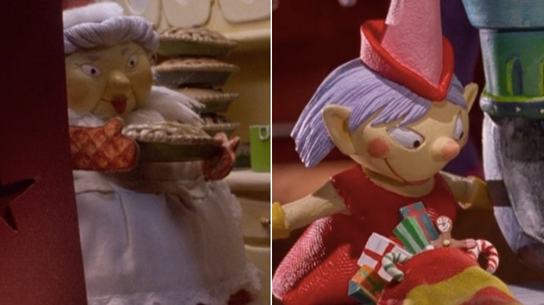 Mrs. Claus hold a pie; an elf fills a bag with candy