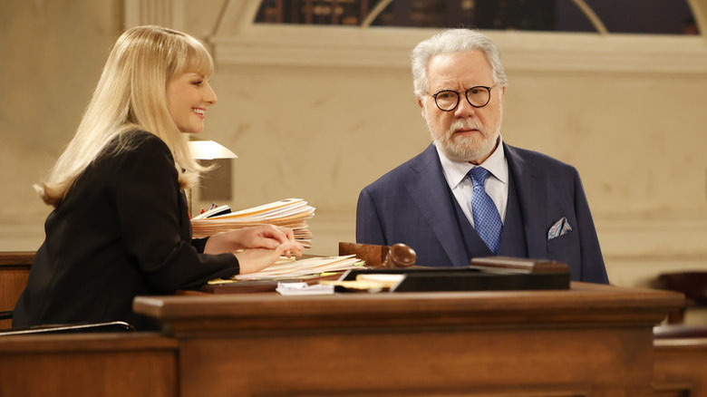 Melissa Rauch and John Larroquette on "Night Court"