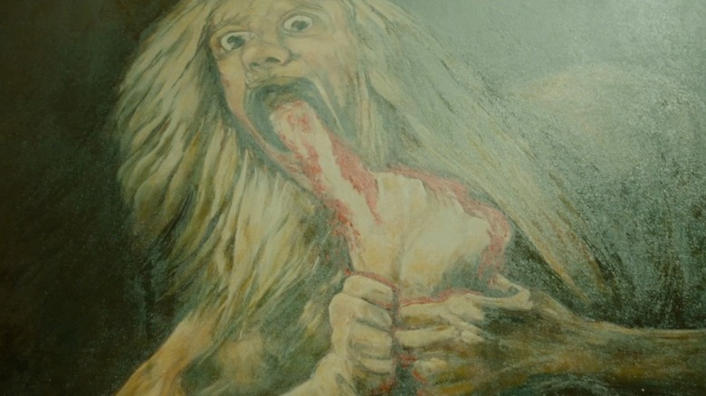 Close up of a gruesome painting in "The Postcard Killings (2020)