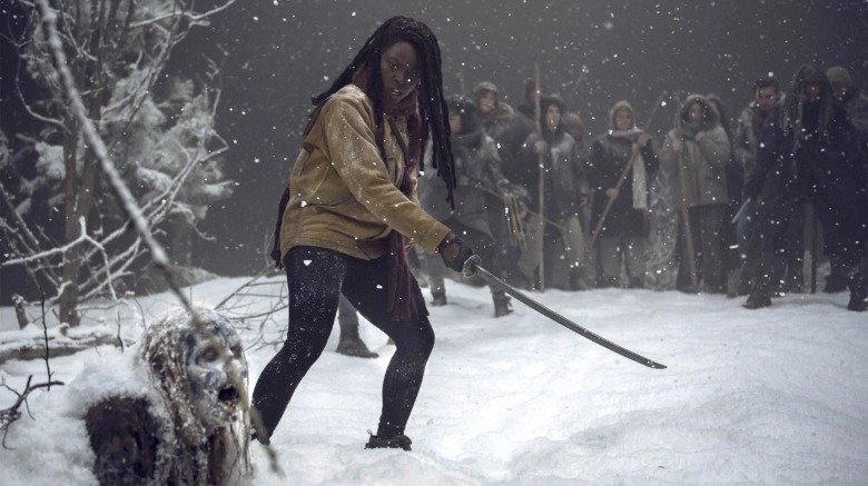 Michonne fights walkers in the snow