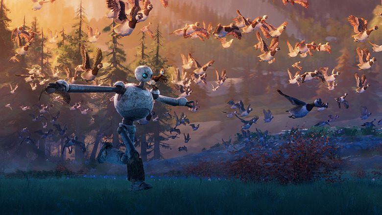 Roz runs with flying geese