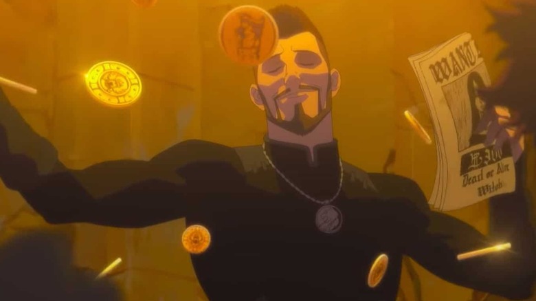 Animated Vesemir making it rain with coin