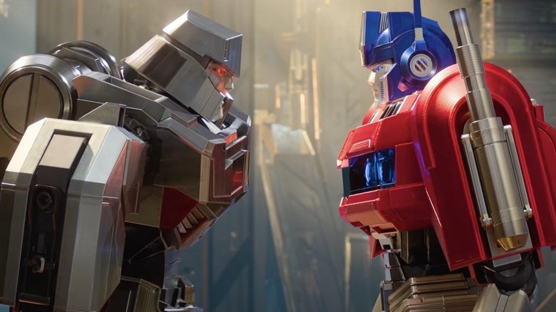 Optimus Prime facing off against Megatron