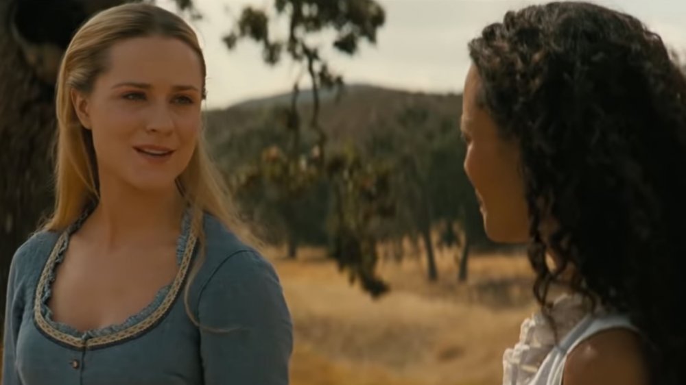 Evan Rachel Wood as Dolores and Thandie Newton as Maeve on Westworld