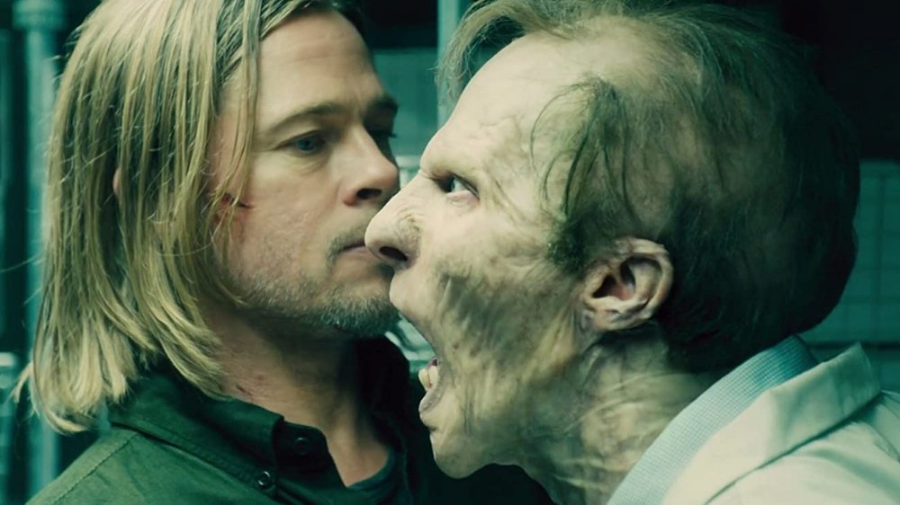 Brad Pitt and a zombie in World War Z