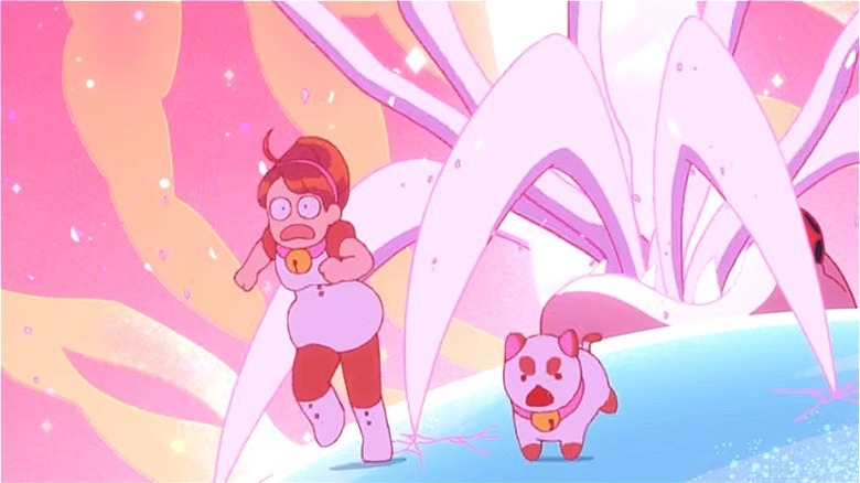 Bee and PuppyCat running from a monster