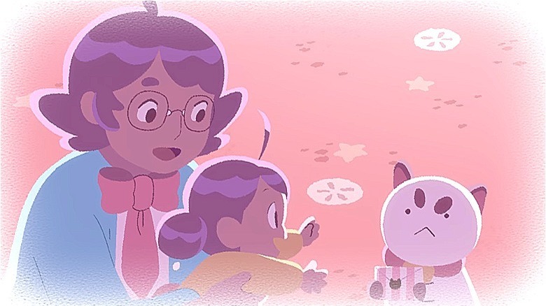 Bee's dad holding Bee, who reaches for PuppyCat