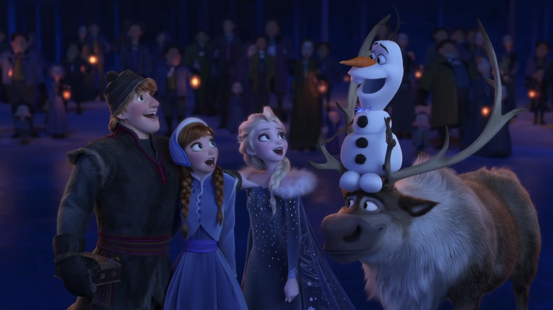 Elsa, Anna, Kristoff, Sven celebrate Christmas