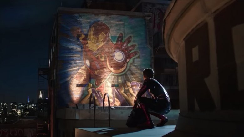 Spider-Man looking at an Iron Man mural in the Spider-Man: Far From Home trailer