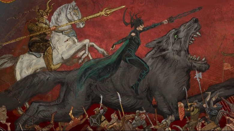 An old painting depicting Odin and Hela on horseback