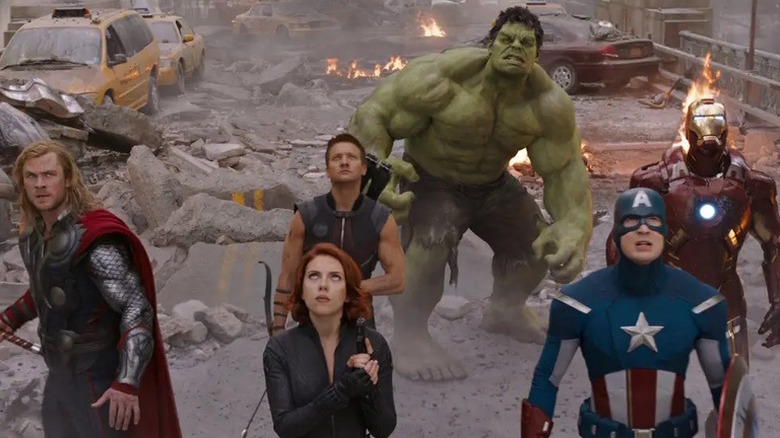 The Avengers looking at the sky assembled for battle