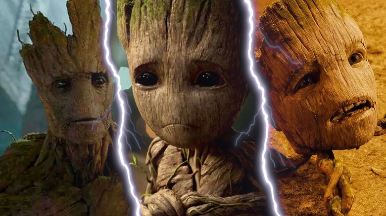 Three images of Groot from Guardian of The Galaxies