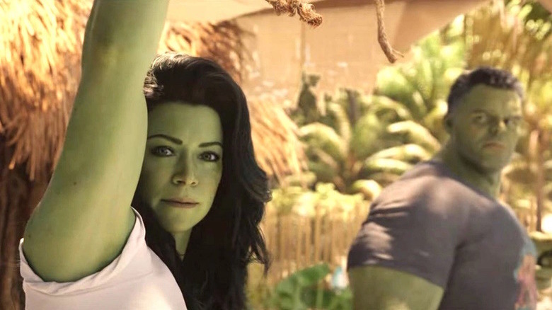 She-Hulk looks at the camera as she and Hulk train