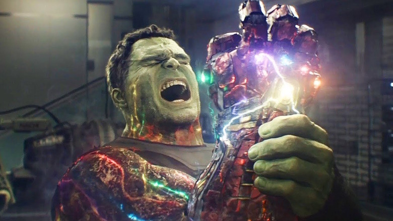 Hulk cries out in pain after snapping his fingers using the fake gauntlet