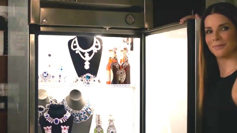 Sandra Bullock presenting fridge full of jewels