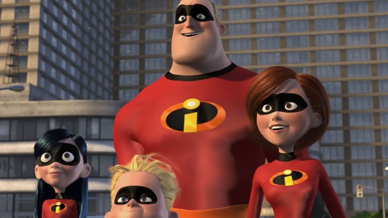 The Incredibles family wearing super suits