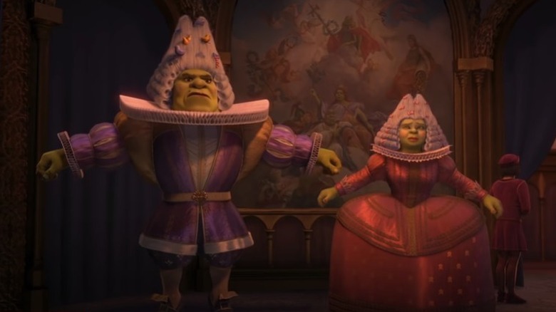 Shrek and Fiona wearing wigs