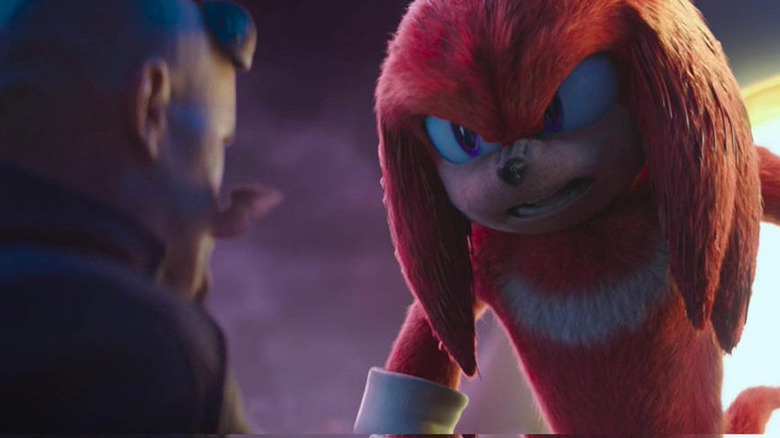 Knuckles sneers at Robotnik in "Sonic the Hedgehog 2" (2022)