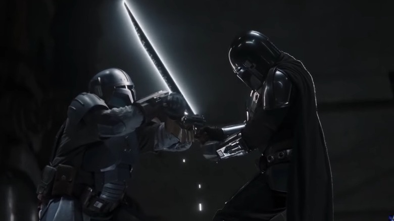 Mandalorians fighting with Darksaber